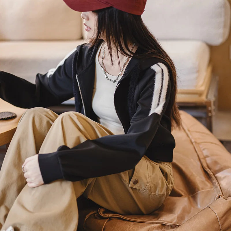 Black Striped Zipper Sweatshirt