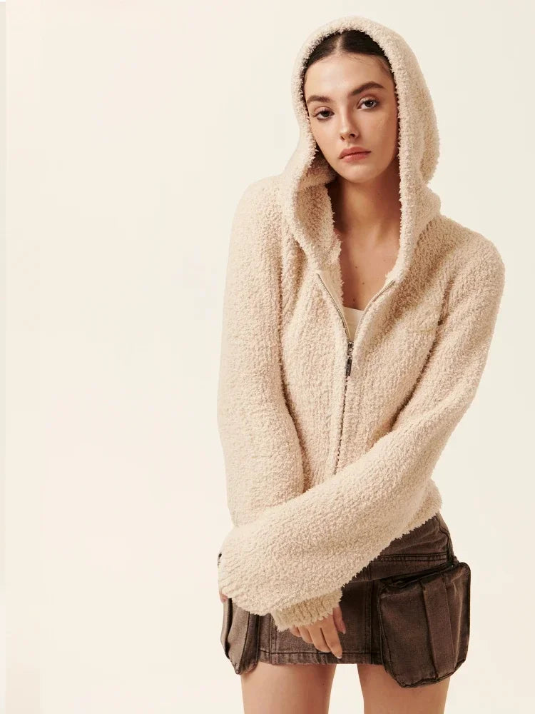 Cozy Vintage Brown Plush Hooded Puffer Sweatshirt