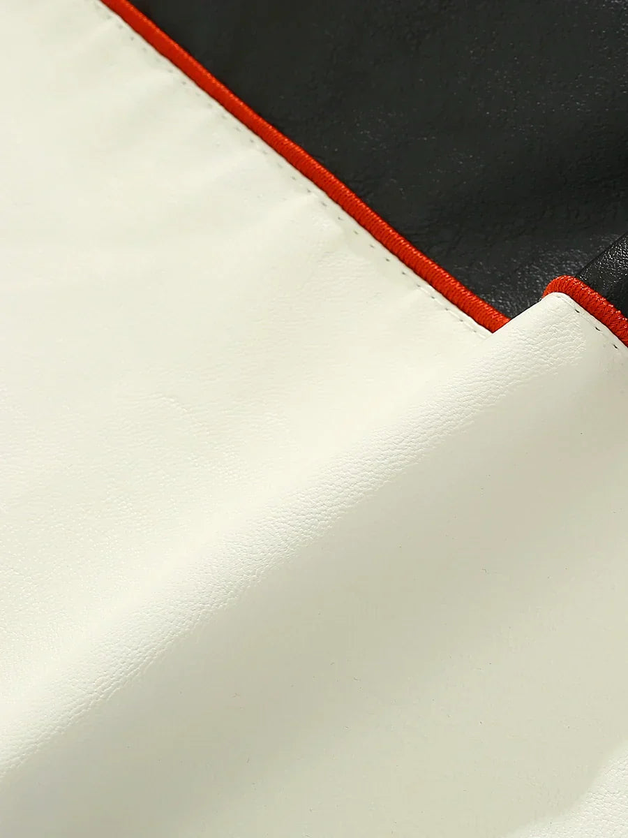 Stylish Contrast Color Spliced Motorcycle Leather Jacket