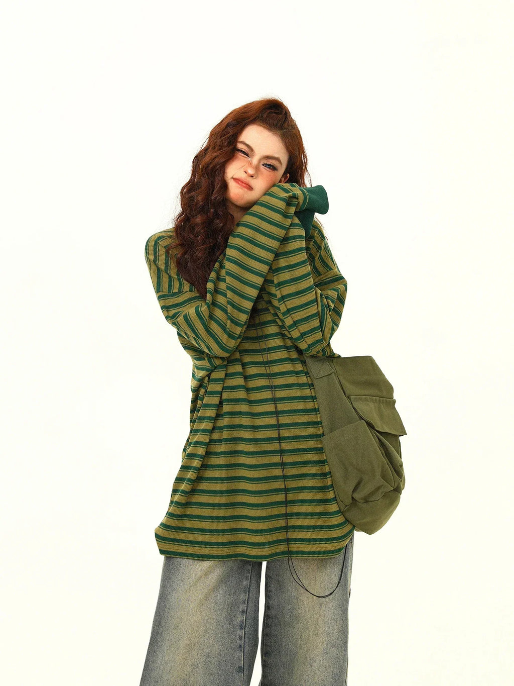 Green Stripe Loose Casual Sweatshirt