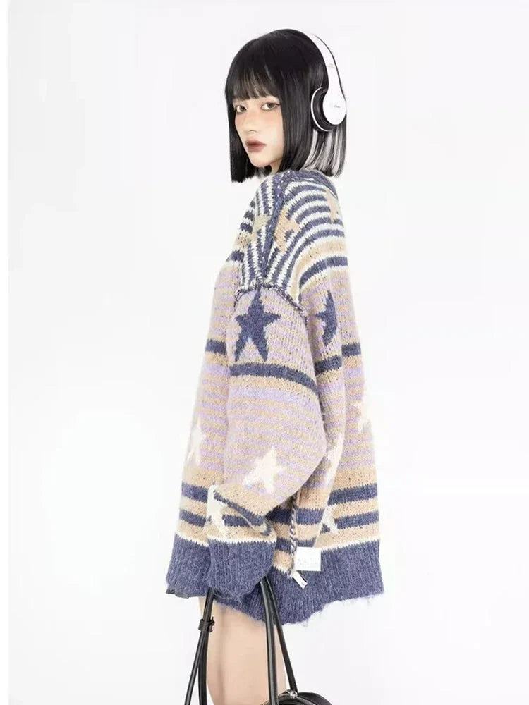 Y2K Starry Strips Oversized Sweater