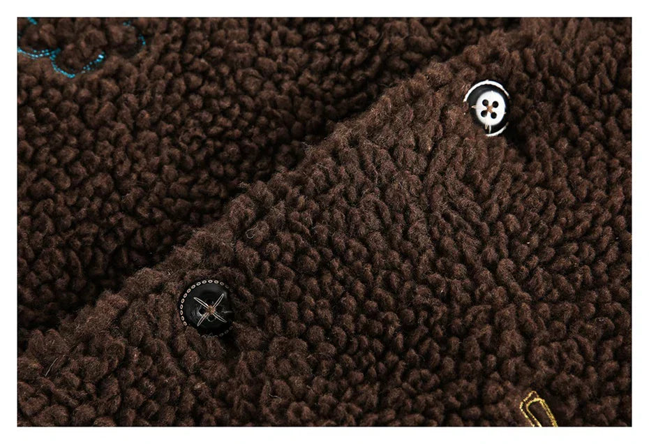 Embroidered Fleece Button-Up Jacket