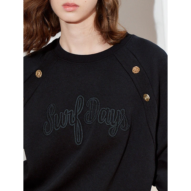 Luxury Black Embroidered Button Sweatshirt
