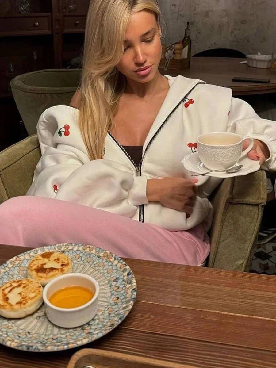 Cherry Print Oversized Zip-Up Hoodie Sweatshirt