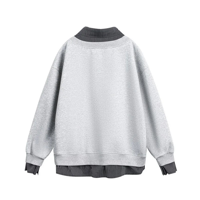 Flattering Casual Loose Striped Polo Sweatshirt