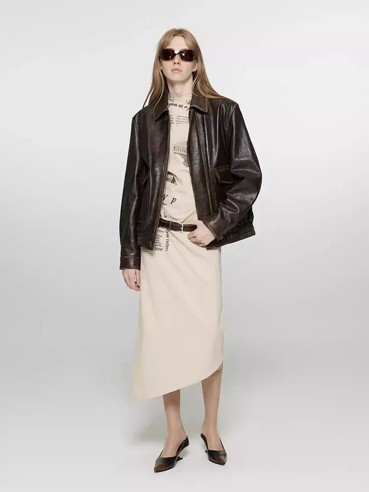 Women Brown Distressed PU Leather Jacket