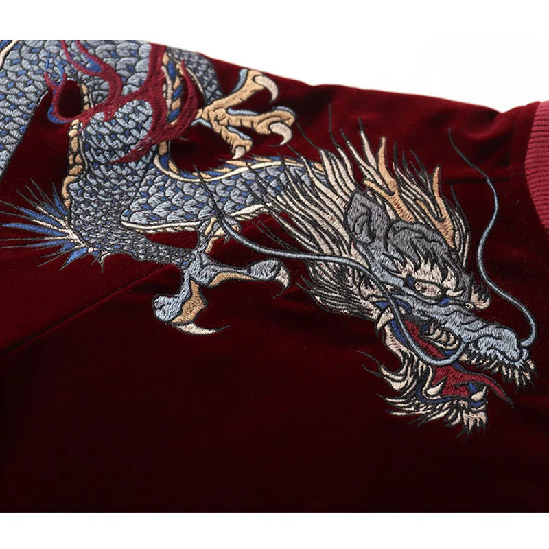 Dragon Phoenix Embroidered Velvet Bomber Jacket