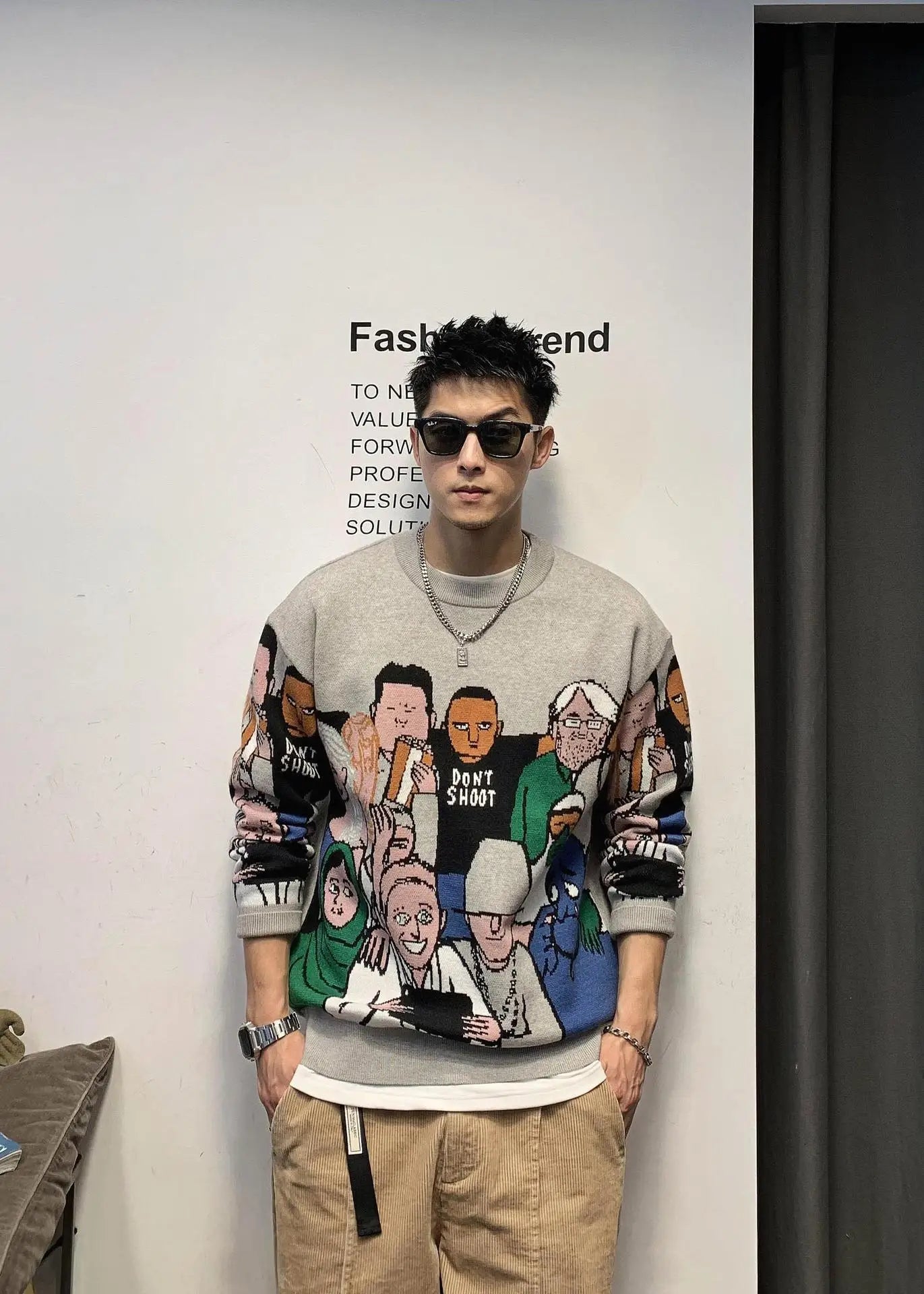 Cozy Patchwork Rabbit O Neck Sweater