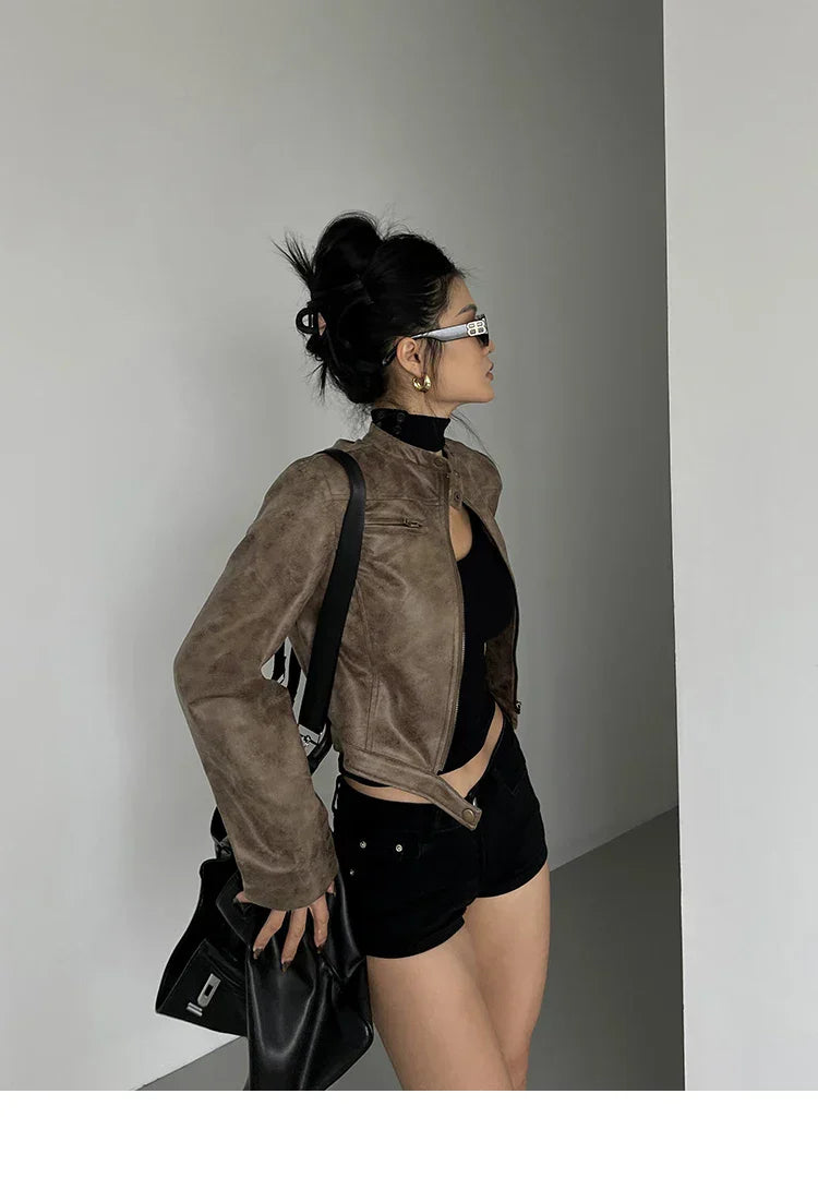 Women Retro Slim Stand Collar Leather Jacket