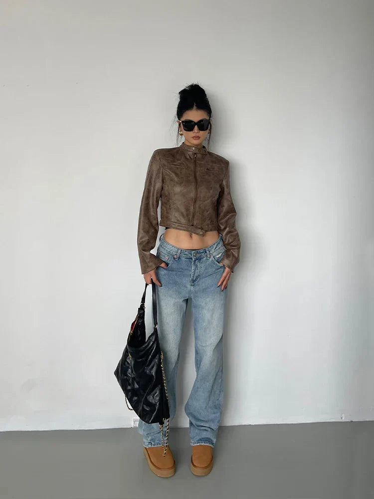 Women Retro Slim Stand Collar Leather Jacket