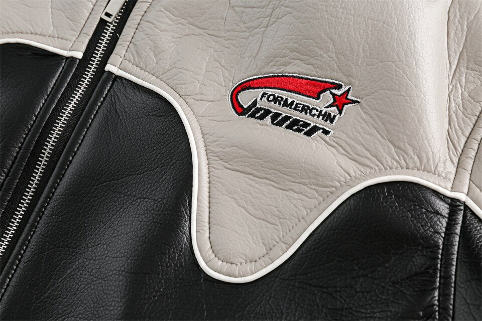 Waterproof Color block Leather Varsity Jacket