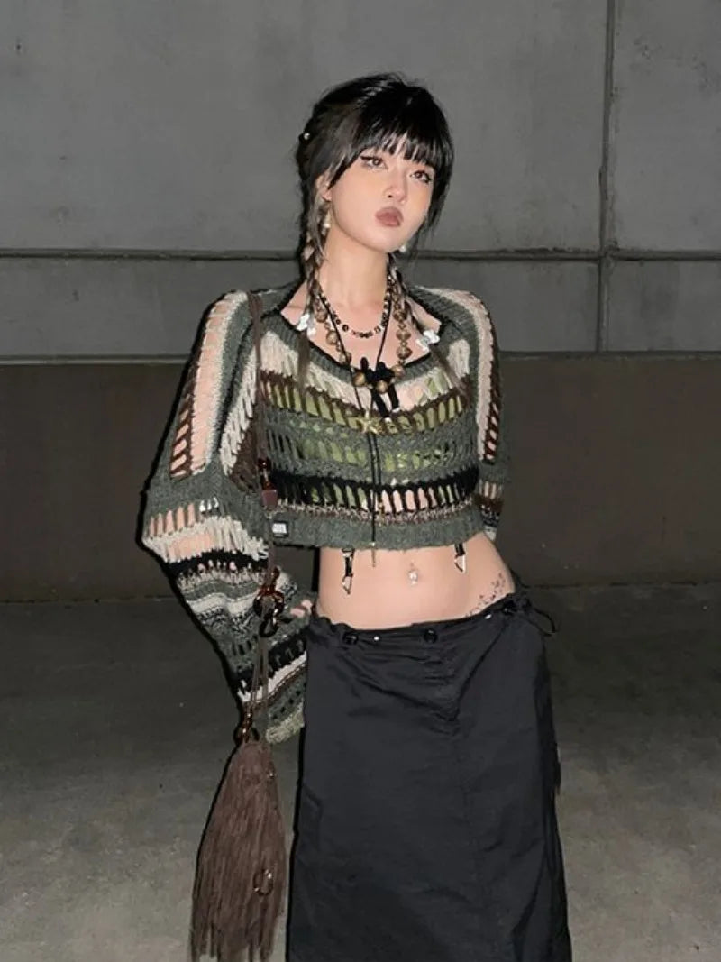 Green Stripe Hollow Out Knit Sweater