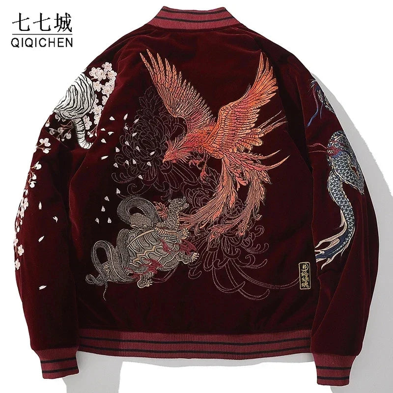 Dragon Phoenix Embroidered Velvet Bomber Jacket