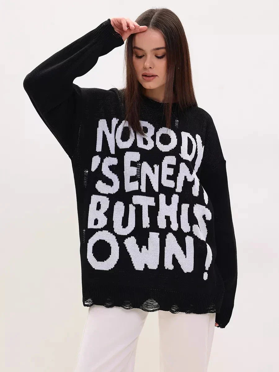 Women Retro Oversized Letter Printed Sweater