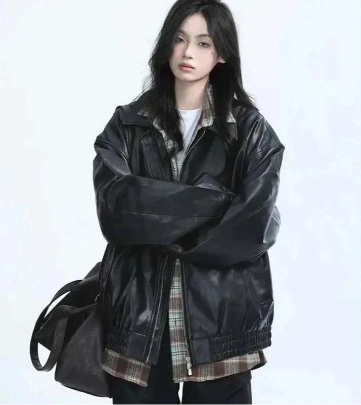 Women Vintage Zipper Faux Leather Jacket