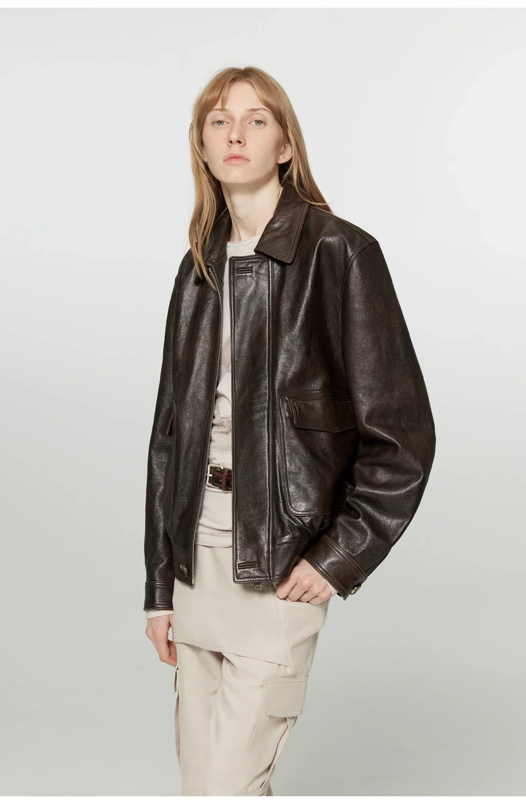 Women Brown Distressed PU Leather Jacket