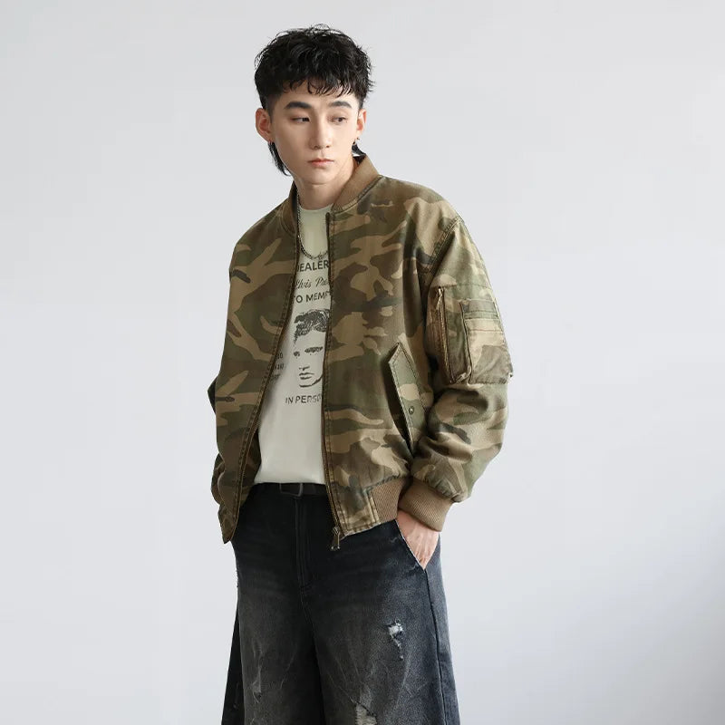 Vintage American Style Camo Baseball Bomber Jacket