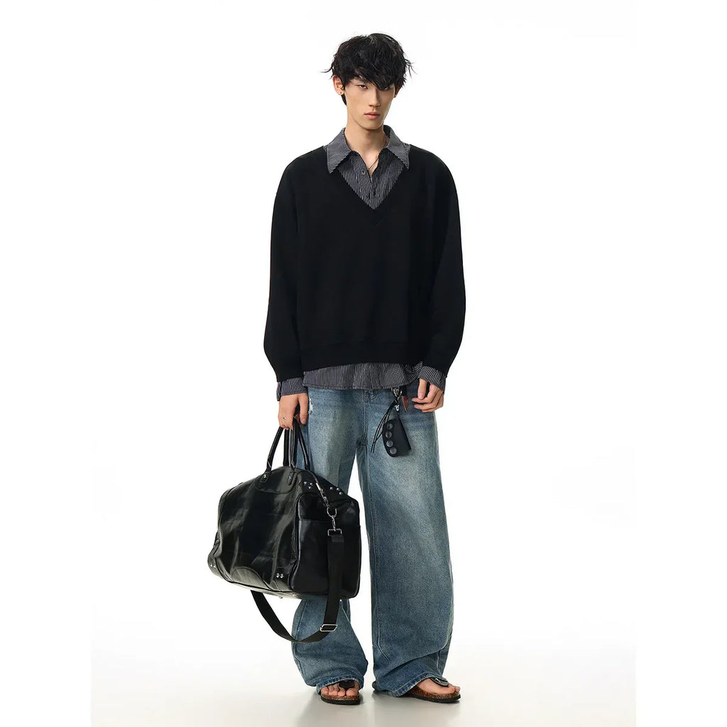 Flattering Casual Loose Striped Polo Sweatshirt