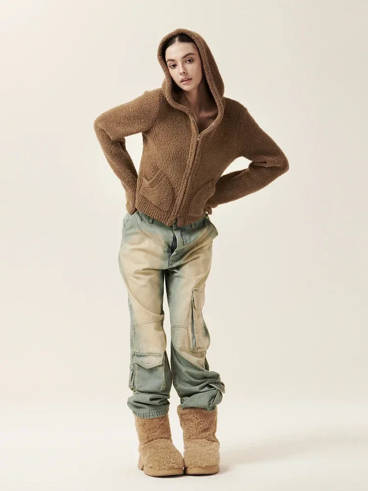 Cozy Vintage Brown Plush Hooded Puffer Sweatshirt