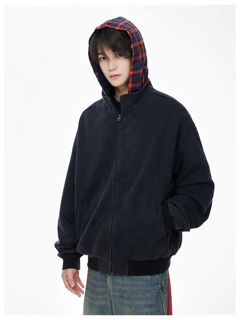Vintage Streetwear Plaid Zipper Cool Hooded Sweatshirt