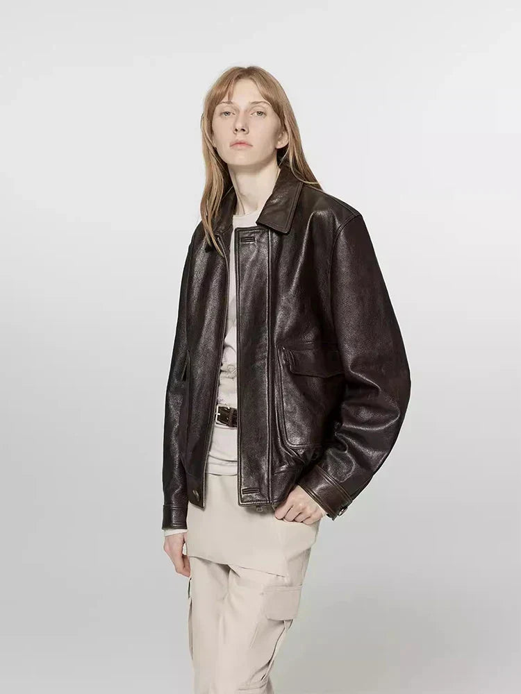 Women Brown Distressed PU Leather Jacket