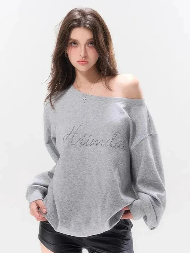 Women Gray Letter Diamonds Off-Shoulder Sweatshirt