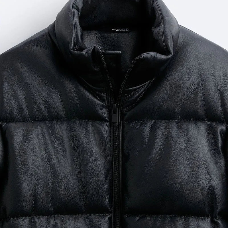 Thick Faux Leather Standing Collar Jacket