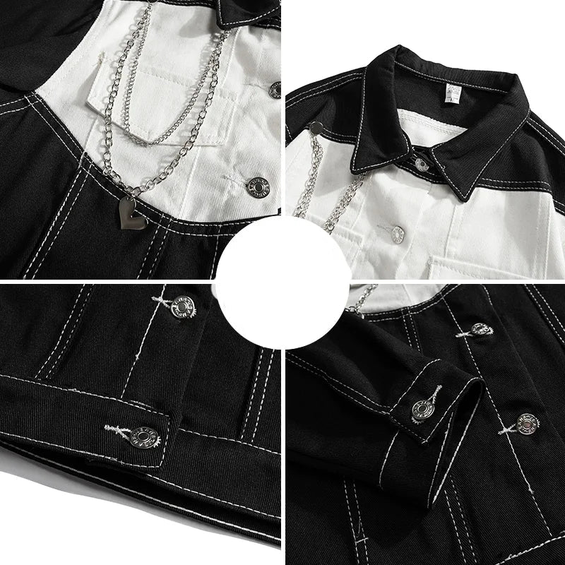 Black And White Color Blocking Denim Jacket