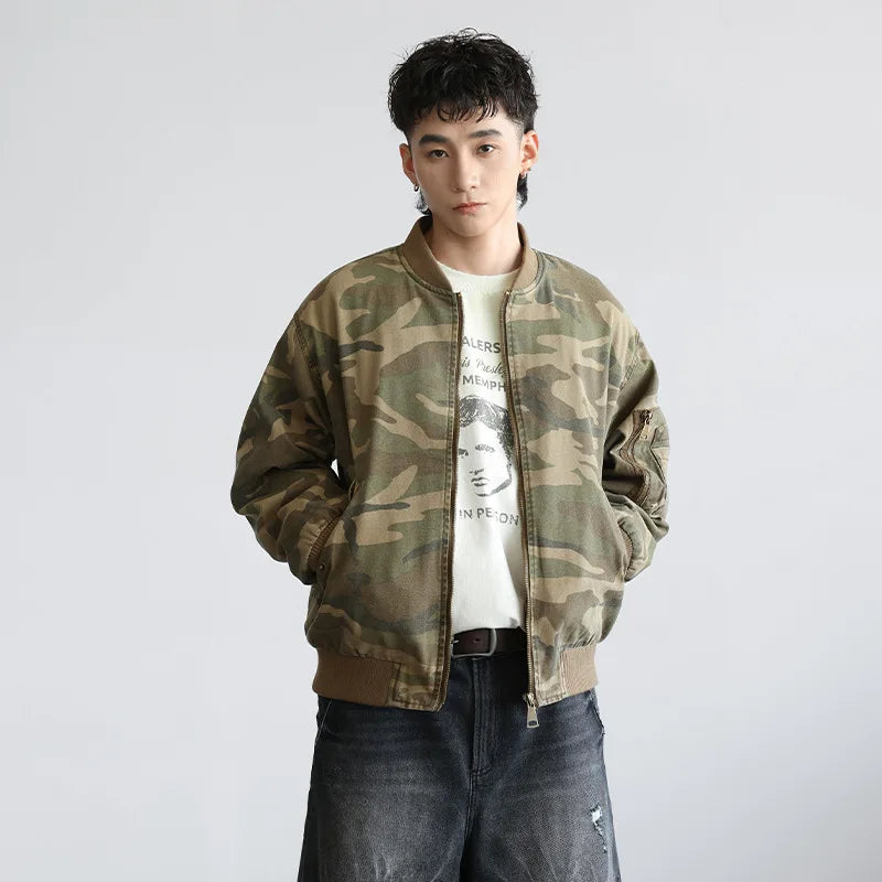 Vintage American Style Camo Baseball Bomber Jacket