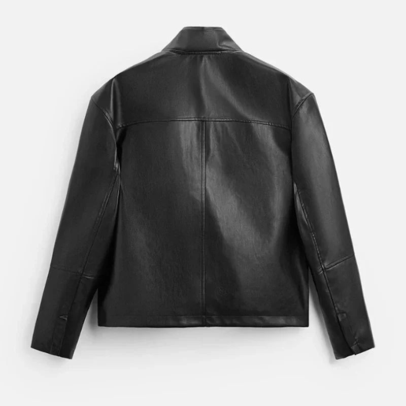 Black Faux Stand-Up Collar Leather Jacket