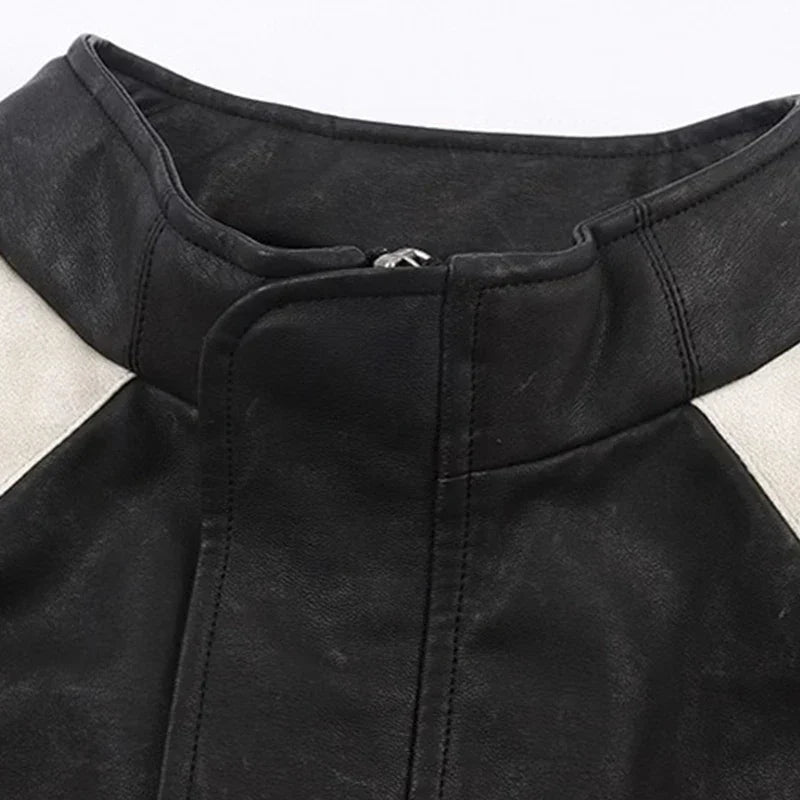 Contrasting Color Leather Jacket