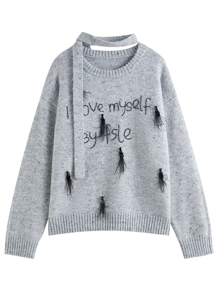 Women Luxury Ostrich Hair Embroidered Knit Sweater