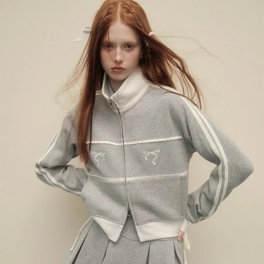 Sweat Retro Lace Embroidery Zip Up Sweatshirt