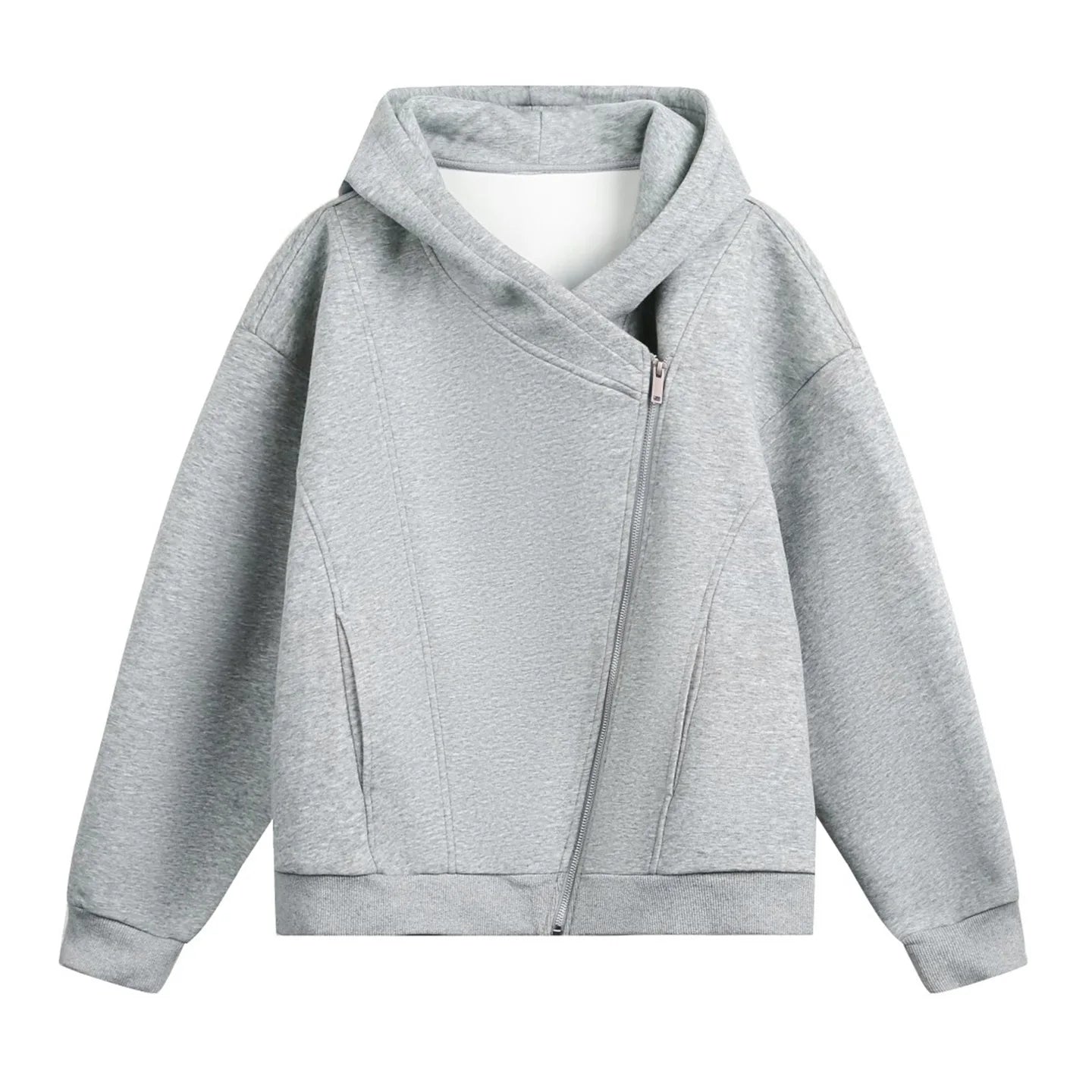 Textured Slant Zipper Hooded Sweatshirt