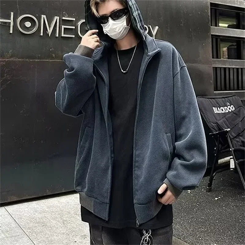 Vintage Streetwear Plaid Zipper Cool Hooded Sweatshirt