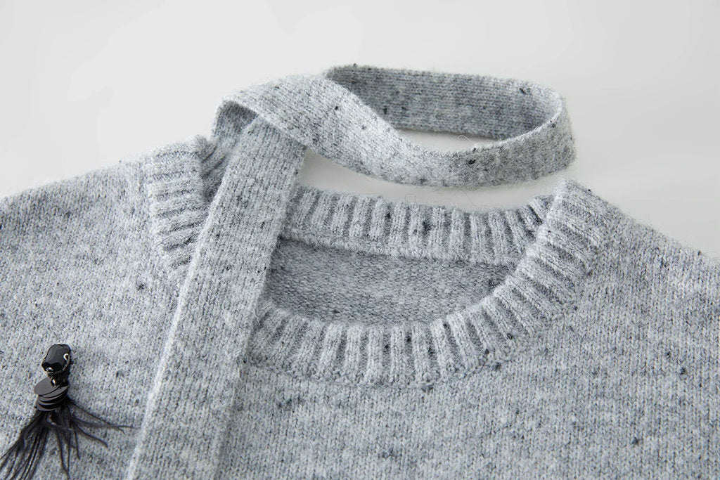 Women Luxury Ostrich Hair Embroidered Knit Sweater