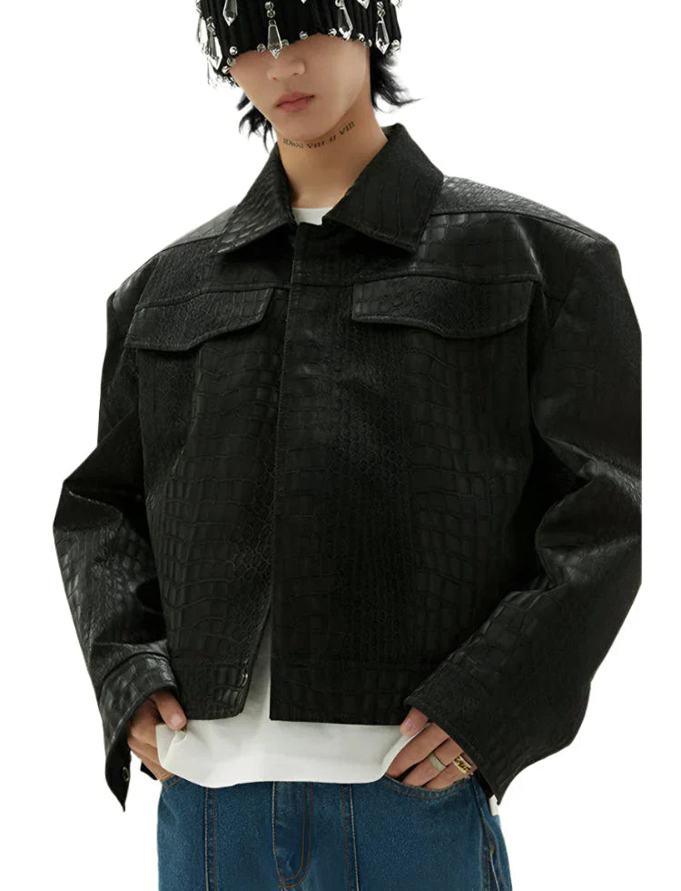 Luxury Crocodile Print Black Leather Jacket