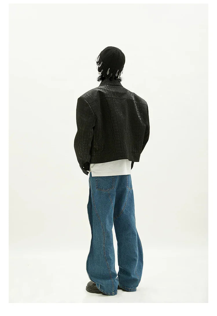 Luxury Crocodile Print Black Leather Jacket