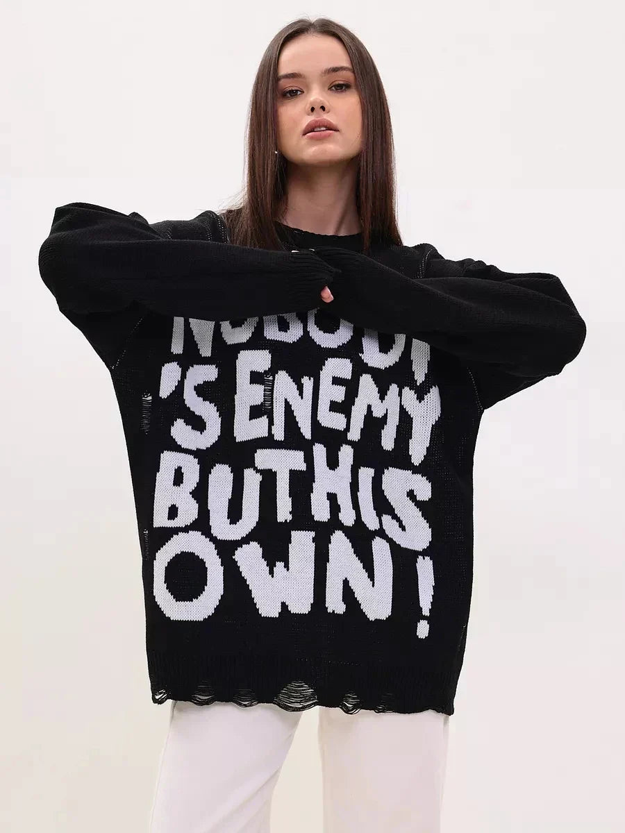 Women Retro Oversized Letter Printed Sweater