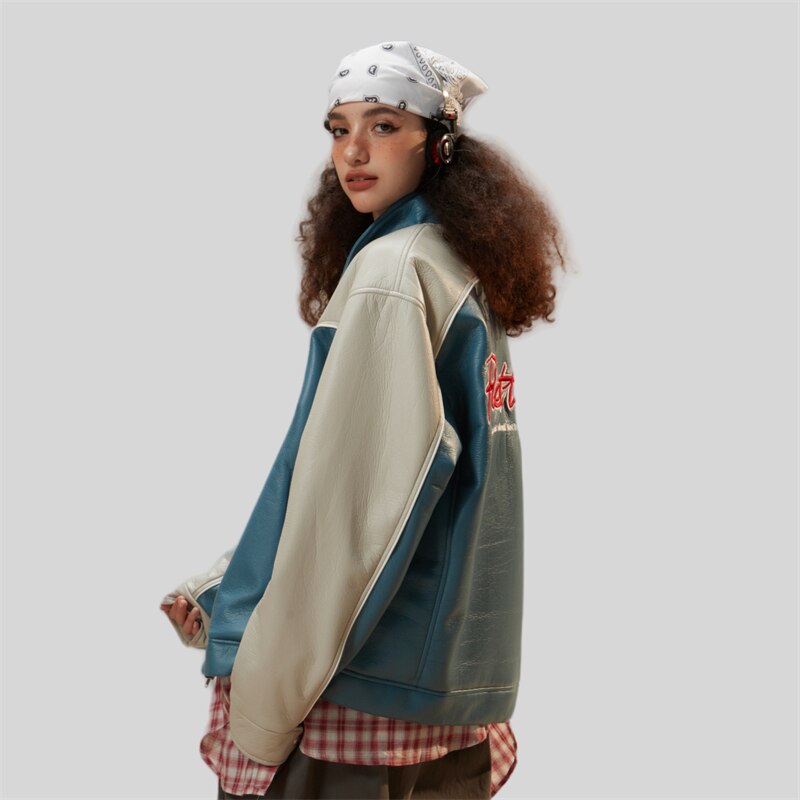 Waterproof Color block Leather Varsity Jacket