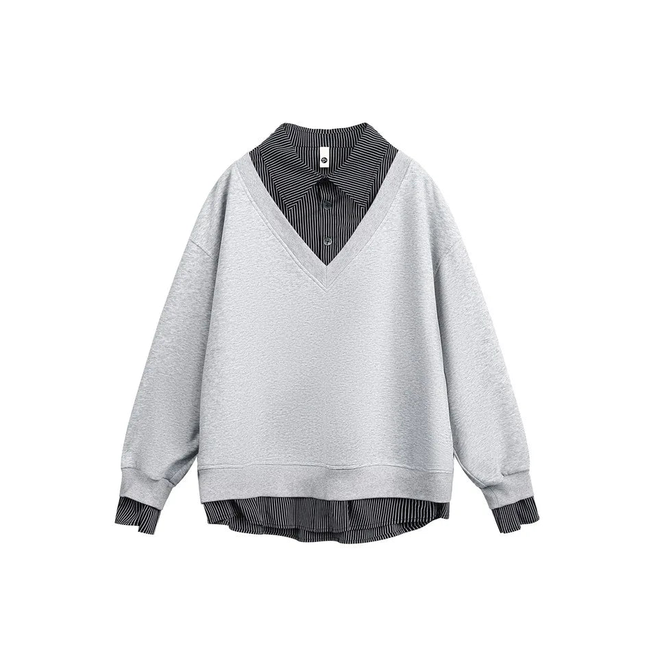 Flattering Casual Loose Striped Polo Sweatshirt