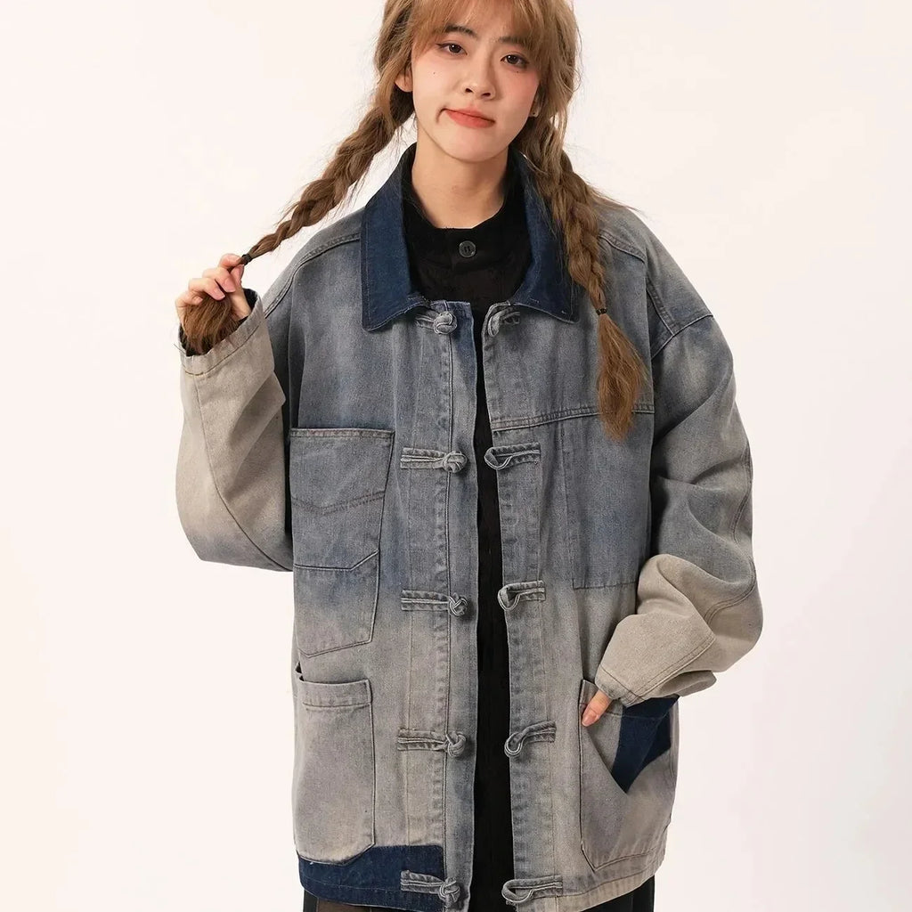 Chinese Style Retro Spliced Casual Denim Jacket