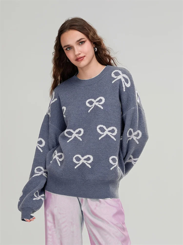 Cozy Chill Season Bow Print Long Sleeve Sweater