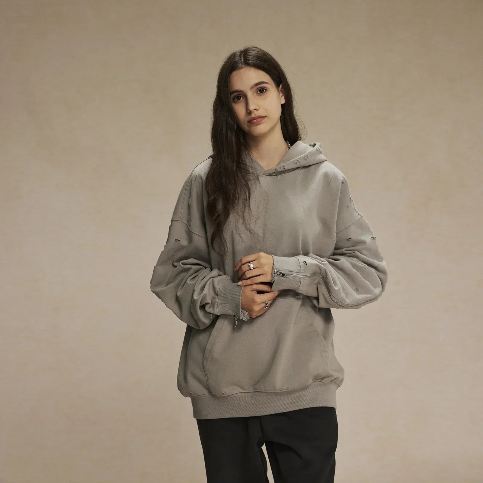 Frayed Woolen Zip-Up Hoodie Sweatshirt