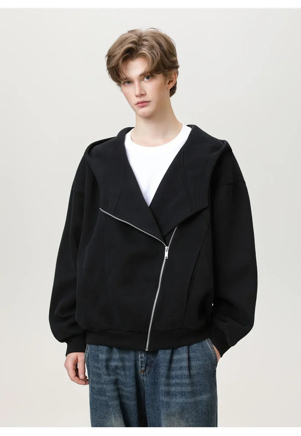 Textured Slant Zipper Hooded Sweatshirt