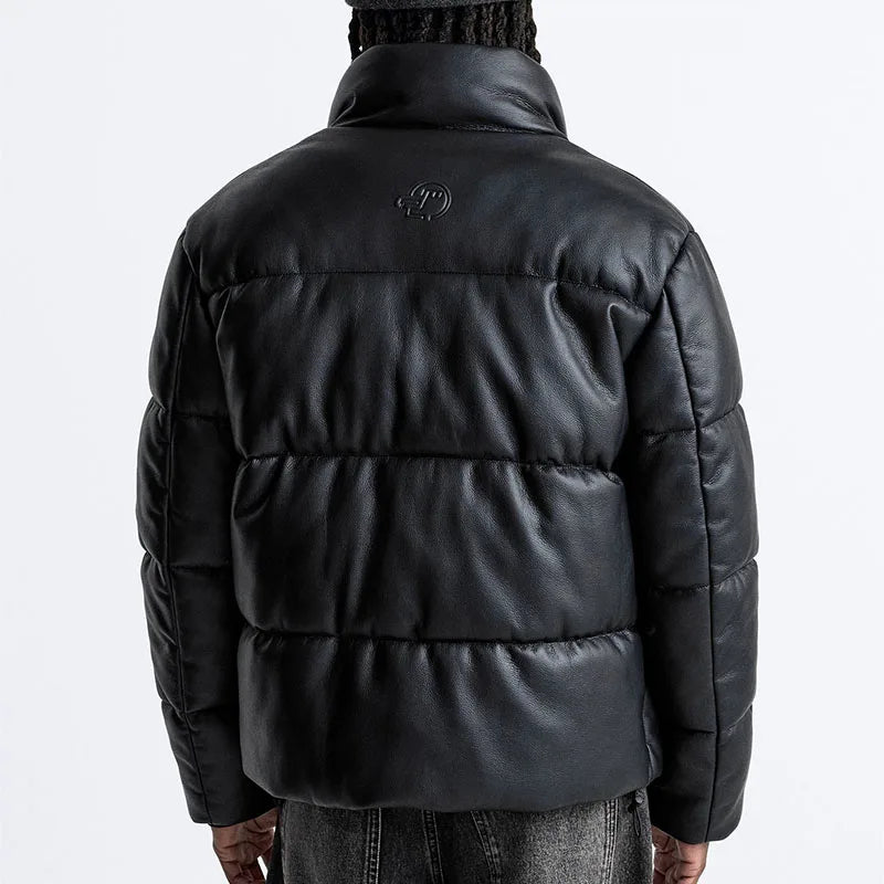 Thick Faux Leather Standing Collar Jacket