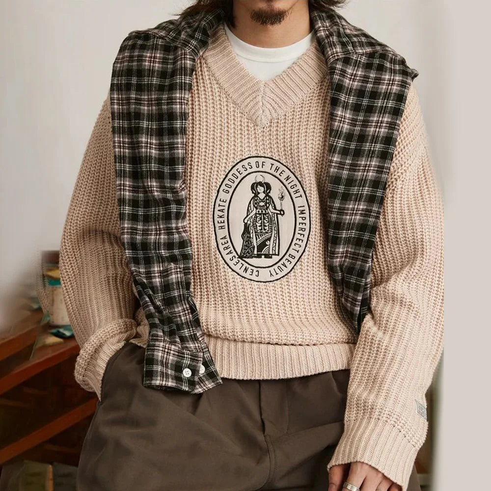 Classic Knitted Letter Badge V-Neck Sweater