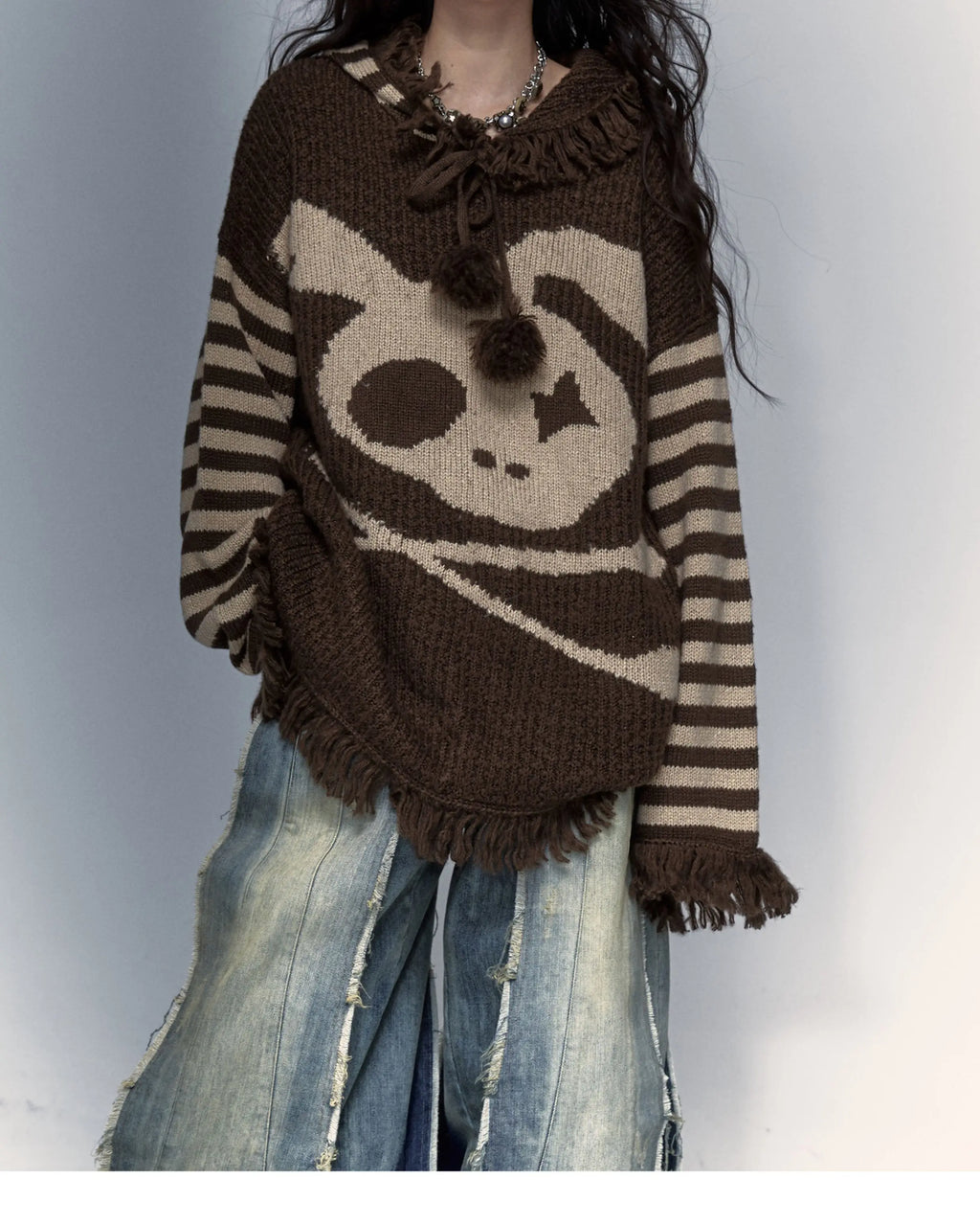 Y2K Fringed Skull Loose Sweater