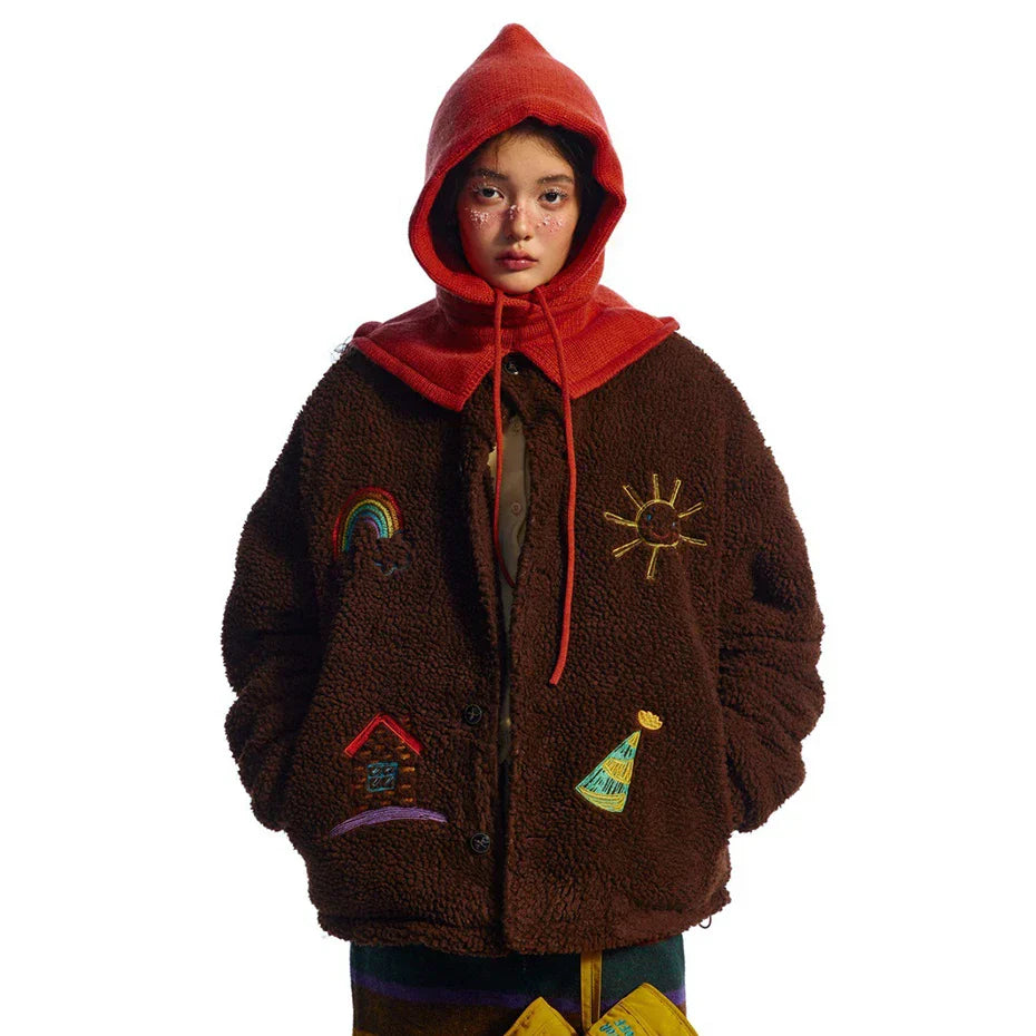 Embroidered Fleece Button-Up Jacket