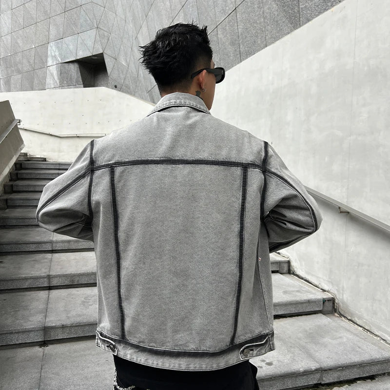 Gray Korean Style Vintage Motorcycle Denim Jacket